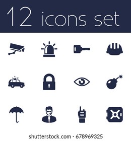 Set Of 12 Safety Icons Set.Collection Of Patrol, Look, Hardhat And Other Elements.