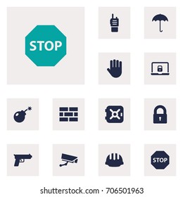 Set Of 12 Safety Icons Set.Collection Of Hardhat, Hand , Sign Elements.