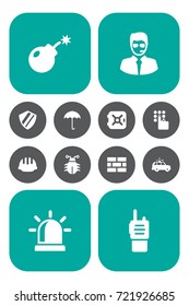 Set Of 12 Safety Icons Set.Collection Of Alarm, Hardhat, Protection And Other Elements.