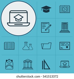 Set Of 12 School Icons. Includes Graduation, Academy, Chemical And Other Symbols. Beautiful Design Elements.