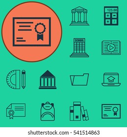 Set Of 12 School Icons. Includes College, Document Case, Education Center And Other Symbols. Beautiful Design Elements.