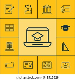 Set Of 12 School Icons. Includes Opened Book, Certificate, Diploma And Other Symbols. Beautiful Design Elements.