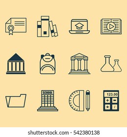 Set Of 12 School Icons. Includes Library, Academy, Document Case And Other Symbols. Beautiful Design Elements.