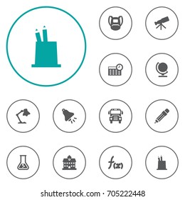 Set Of 12 School Icons Set.Collection Of Ringing, Formula, Pen Holder And Other Elements.
