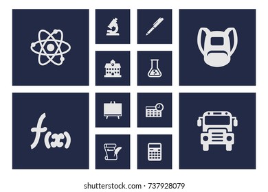 Set Of 12 School Icons Set.Collection Of Molecule, University, Blackboard And Other Elements.