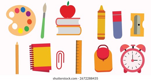 Conjunto de 12 fontes escolares ícones vetoriais plano isolado. Para projetos escolares, clip-arts, adesivos e artigos de papelaria 