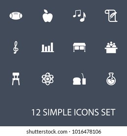 Set of 12 science icons set. Collection of clef, chart, apple and other elements.