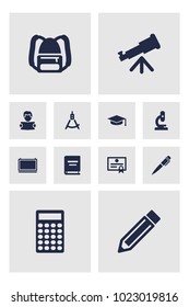 Set of 12 science icons set. Collection of graduation cap, school board, pencil and other elements.
