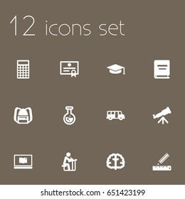 Set Of 12 Science Icons Set.Collection Of School Autobus, Rucksack, Calculate And Other Elements.