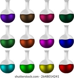 Set of 12 Science Lab Flasks - Colorful Liquid Potions Collection
