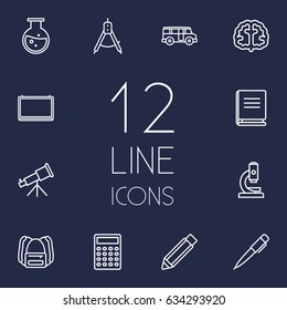 Set Of 12 Science Outline Icons Set.Collection Of Backpack, Encyclopedia, Brain And Other Elements.