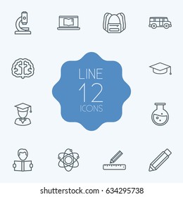 Set Of 12 Science Outline Icons Set.Collection Of Graduation Cap, Learning, Atom And Other Elements.