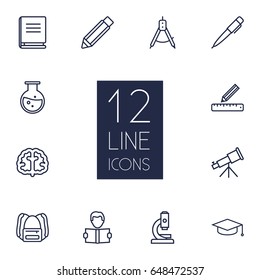 Set Of 12 Science Outline Icons Set.Collection Of Telescope, Pencil, Backpack And Other Elements.