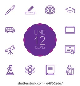 Set Of 12 Science Outline Icons Set.Collection Of Pupil, Ruler, Diploma And Other Elements.