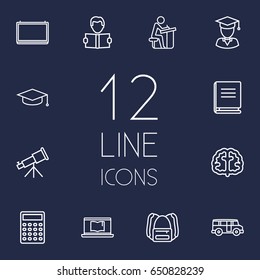 Set Of 12 Science Outline Icons Set.Collection Of Laptop, Graduated, Encyclopedia And Other Elements.