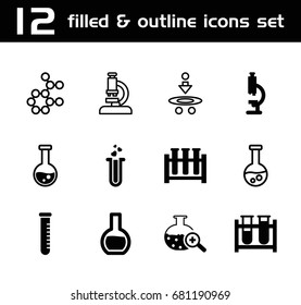 Set of 12 scientific filled and outline icons such as test tube, heart test tube, test tube search, microscope
