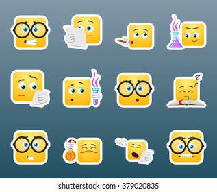 Set of 12 scientist smile emoticon stickers