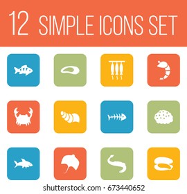 Set Of 12 Sea Icons Set.Collection Of Fish, Lobster, Crustaceans And Other Elements.