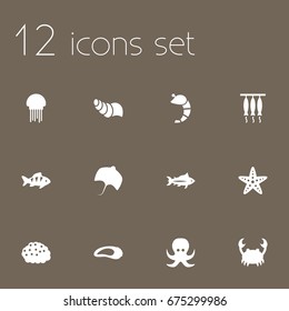 Set Of 12 Sea Icons Set.Collection Of Roe, Fish, Medusa And Other Elements.
