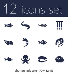 Set Of 12 Sea Icons Set.Collection Of Crustaceans, Acne, Tunny And Other Elements.