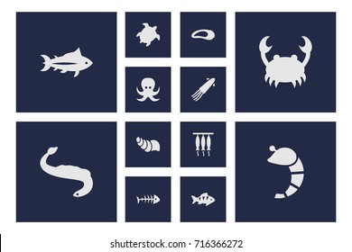 Set Of 12 Sea Icons Set.Collection Of Fish, Lobster, Acne And Other Elements.