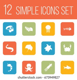 Set Of 12 Seafood Icons Set.Collection Of Shark, Devilfish, Sink And Other Elements.