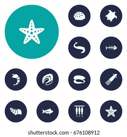 Set Of 12 Seafood Icons Set.Collection Of Crustaceans, Beefsteak, Tunny And Other Elements.