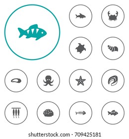 Set Of 12 Seafood Icons Set.Collection Of Roe, Clam, Fish And Other Elements.