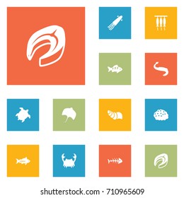 Set Of 12 Seafood Icons Set.Collection Of Fish, Calamary, Acne And Other Elements.