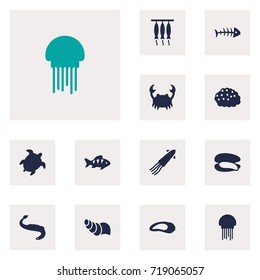 Set Of 12 Seafood Icons Set.Collection Of Clam, Medusa, Acne And Other Elements.