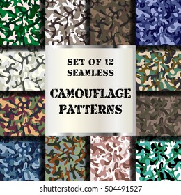 Set of 12 seamless camouflage patterns. Vector collection of classic woodland, navy, desert & arctic seamless camo backgrounds.