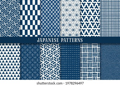 Set of 12 seamless pattern in japanese style. japanese traditional vector art.