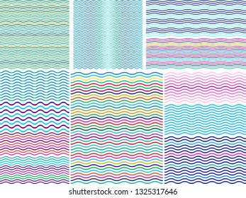 Set 12 seamless pattern with wavy colorful lines. Vector image, eps 8