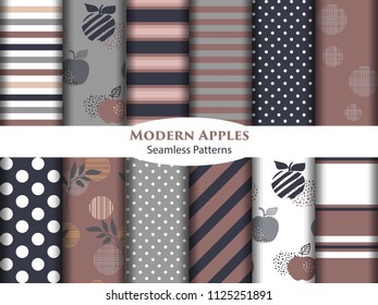 Set of 12 seamless patterns with apples ,leaves, polka dots, stripes pastel colors