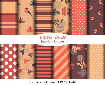 Set of 12 seamless patterns with birds, maple leaves, apples, polka dots, stripes worm autumn  colors