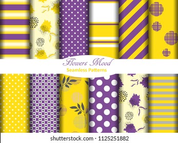 Set of 12 seamless patterns with circles, leaves, polka dots, stripes purple and yellow colors