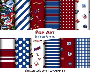 Set of 12 seamless patterns with colory pop art objects , bottle cap, cherry, headphones, bottles,  polka dots, stripes