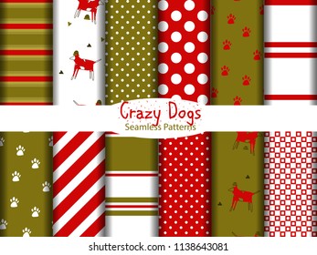 Set of 12 seamless patterns with funny dogs with hats, polka dots, stripes
