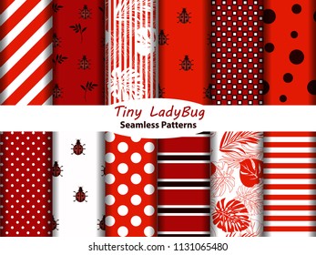 Set of 12 seamless patterns with ladybugs, leaves, polka dots, stripes red colors