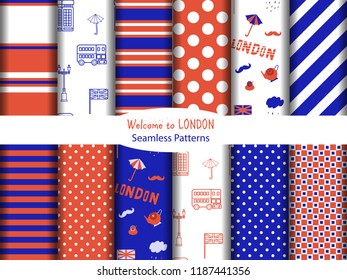 Set of 12 seamless patterns with red and blue tower of London, tower , bus, clouds, polka dots, stripes