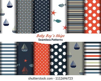 Set of 12 seamless patterns with ships, fish, stars, polka dots, stripes