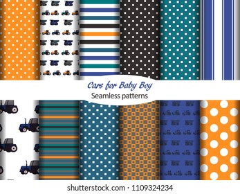 Set of 12 seamless patterns with tractors, polka dots, stripes