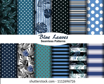 Set of 12 seamless patterns with, blue leaves, flovers, polka dots, stripes