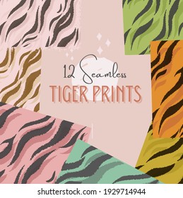 A set of 12 Seamless Tiger Prints, made in vector graphics, perfectly scalable and excellent for commercial use. Seamless design to create endless pattern with different colours and backgrounds.