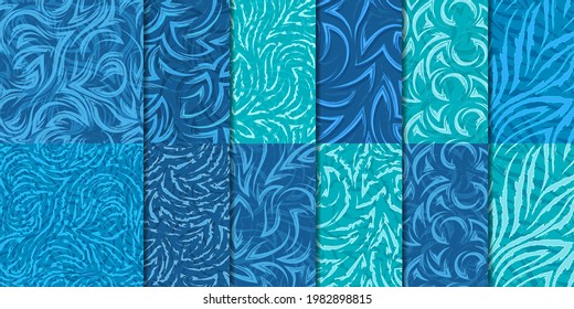 Set of 12 seamless vector patterns corners and waves in nautical colors.Seamless geometric textures of blue and turquoise colors waves and fluid movement.Collection of abstract patterns of flow  sea.