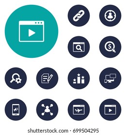 Set Of 12 Search Icons Set.Collection Of Engine, Targeting, Magnifier And Other Elements.