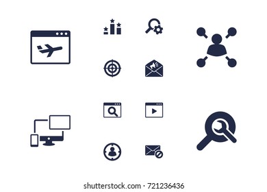 Set Of 12 Search Icons Set.Collection Of Columns, Magnifier, Movie And Other Elements.