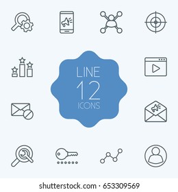 Set Of 12 Search Outline Icons Set.Collection Of SEO Test, Stock Exchange, Choice And Other Elements.