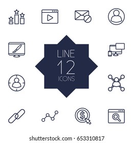 Set Of 12 Search Outline Icons Set.Collection Of SEO Test, Guest, Web Design And Other Elements.