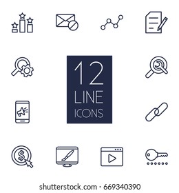 Set Of 12 Search Outline Icons Set.Collection Of Item Identifier, Blogging, Block And Other Elements.